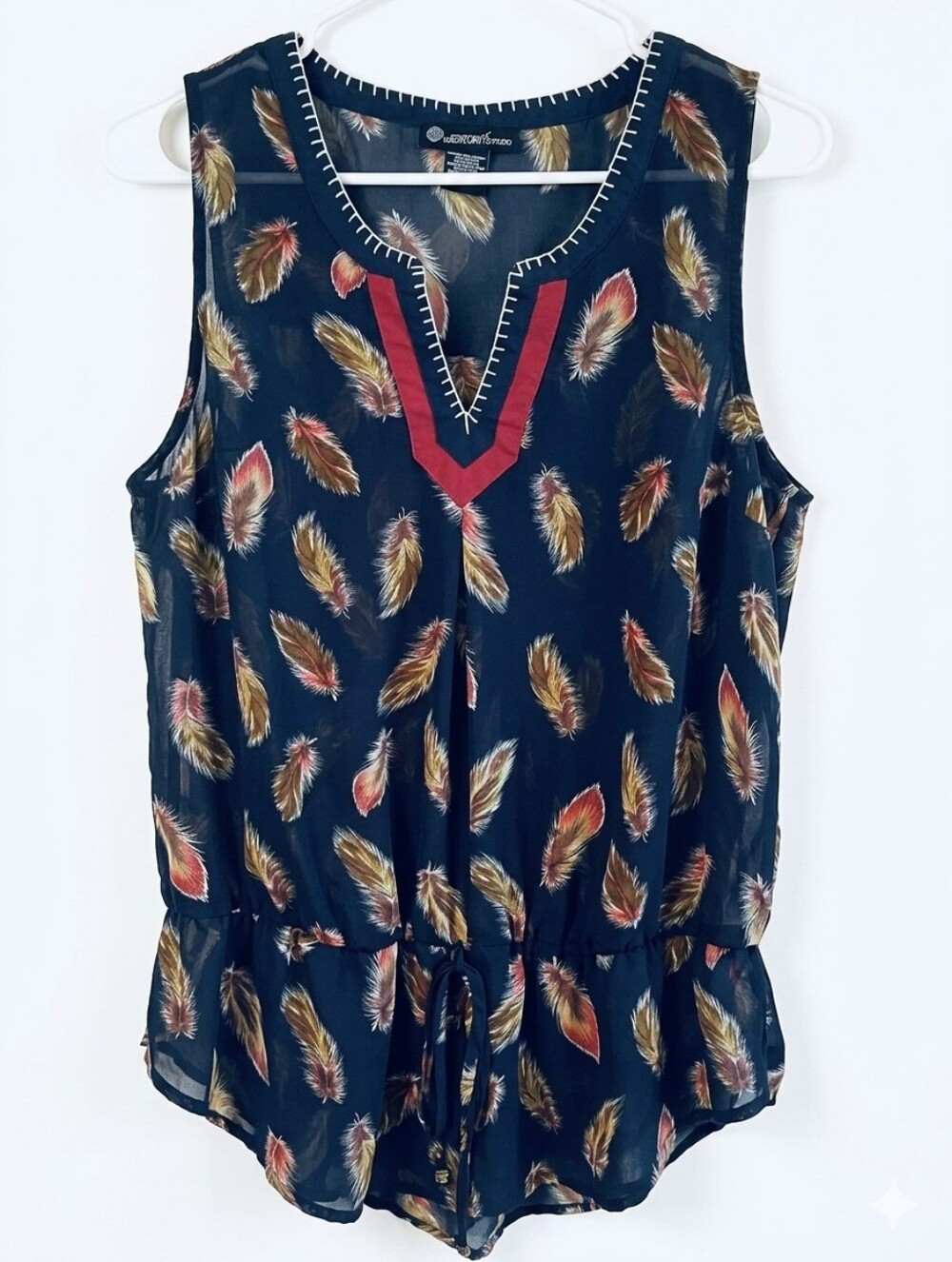 Signature Studio Chiffon Feather Print Blouse sleeveless size M Black with Red